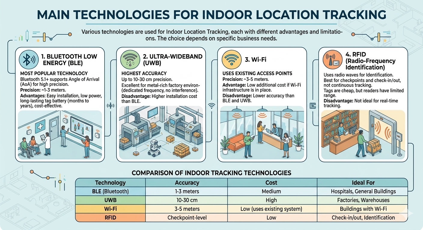 An infographic comparing four main indoor tracking technologies. Column 1: BLE (Bluetooth Low Energy) for cost-effective tracking in general buildings. Column 2: UWB (Ultra-Wideband) for high-accuracy centimeter-level precision, ideal for factories. Column 3: Wi-Fi, which uses existing access points for lower-accuracy tracking. Column 4: RFID (Radio-Frequency Identification) for checkpoint-level scanning and asset ID, not continuous tracking.